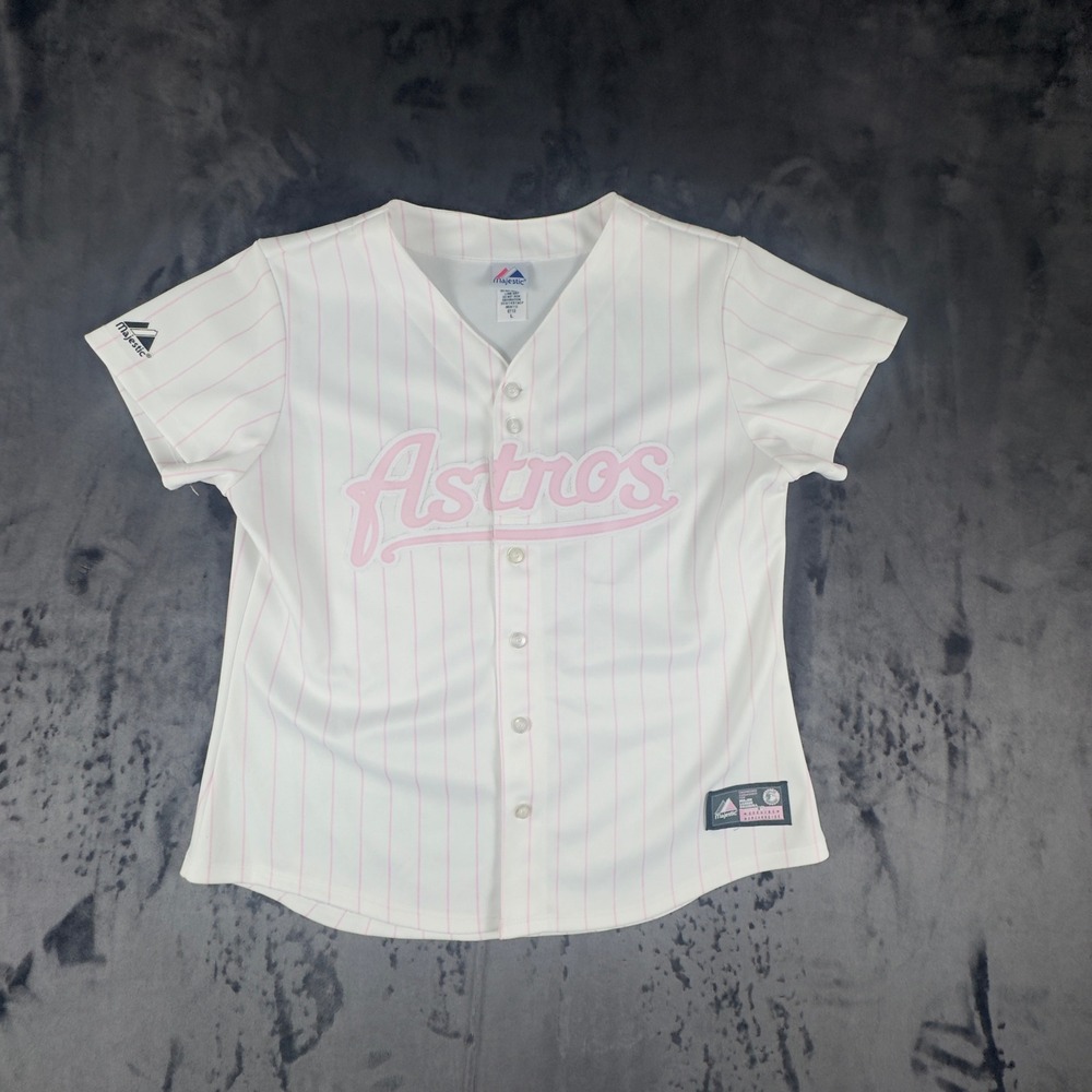 Majestic Baseball Jersey Womens L White Pink Astros Pinstripe Button Front 4922